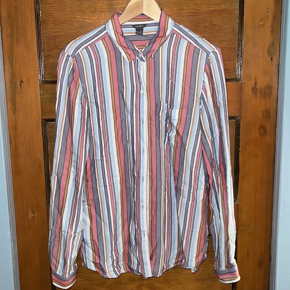 Eddie Bauer women’s striped dress shirt soft  medium button down long sleeve - Picture 2 of 6